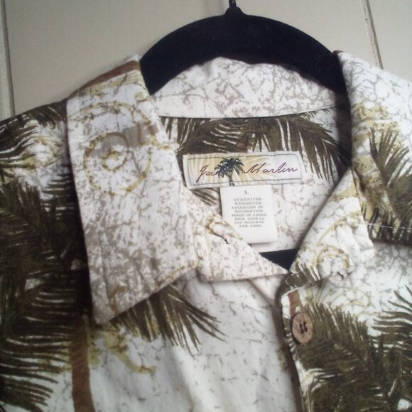 Joe Marlin Hawaiian Shirt L Button Up Short Sleeve Tropical Green Beige - Picture 6 of 16